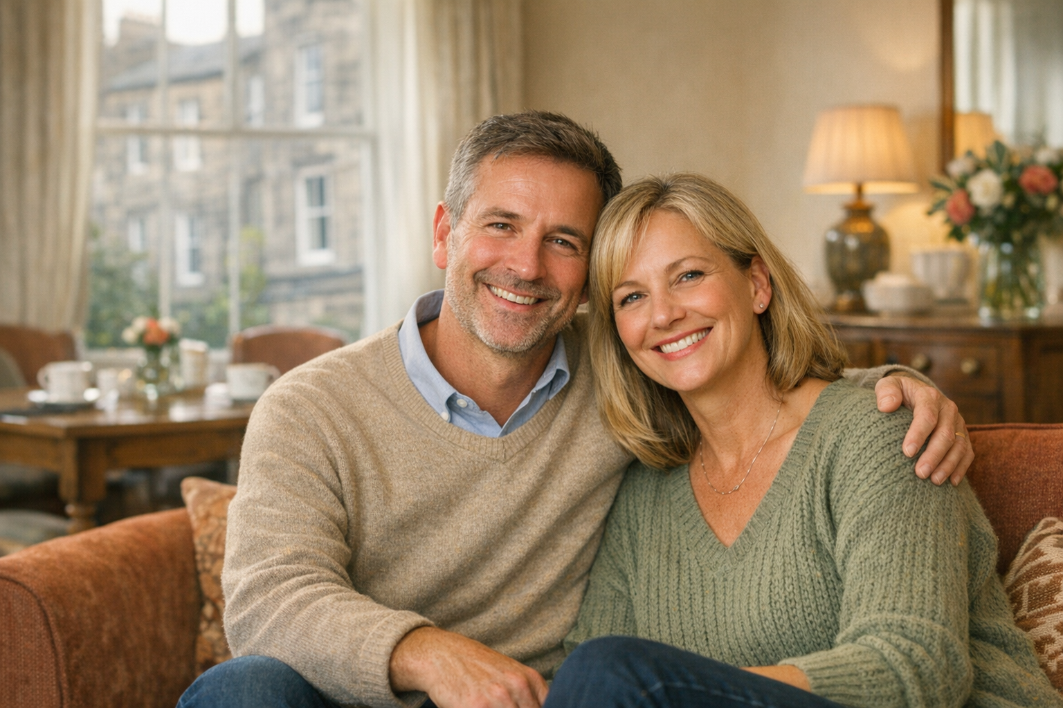 Smiling travellers enjoying a cosy Edinburgh guest house lounge
